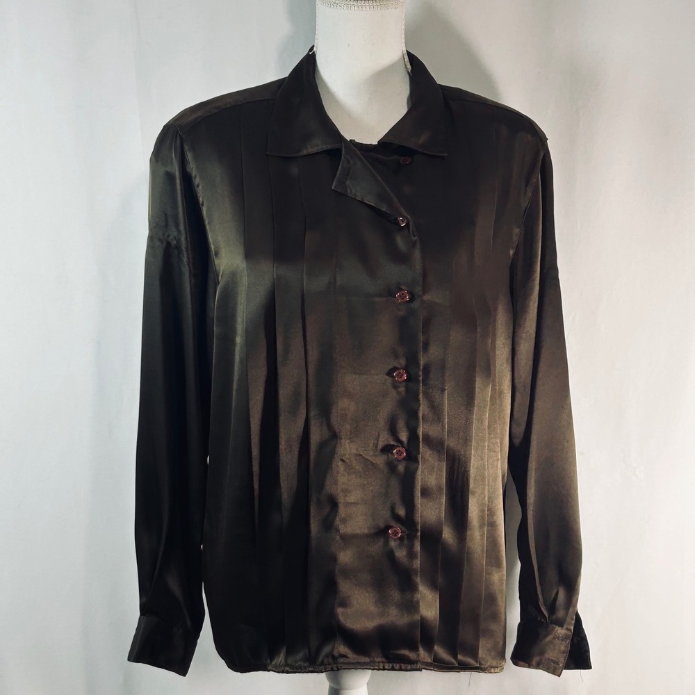 Jones New York Brown Satan Pintuck Button Up Blouse Womens Size 12